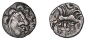 British Iron Age, DOBUNNI, Uninscribed issues, silver Unit, Cotswold Eagle [Head Type B] type, moon head right,...