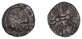 British Iron Age, DOBUNNI, Uninscribed issues, silver Unit, Cotswold Eagle type [Head Type C], moon head right,...