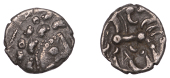 British Iron Age, DOBUNNI, Uninscribed issues, silver Unit, Cotswold Eagle [Head Type B] type, moon head right,...
