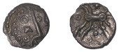 British Iron Age, DOBUNNI, Uninscribed issues, silver Unit, Cotswold Oxo type [Head Type F], moon head right, pellet...
