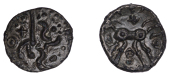 British Iron Age, DOBUNNI, Uninscribed issues, silver Unit, Cotswold Oxo type [Head Type F], moon head right, pellet...