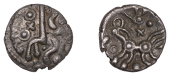 British Iron Age, DOBUNNI, Uninscribed issues, silver Unit, Cotswold Oxo type [Head Type F], moon head right, pellet...