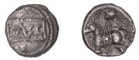 British Iron Age, CATUVELLAUNI, Tasciovanus (c. 25 BC - AD 10), silver Unit, Cavalryman type, tasc in panel, border...
