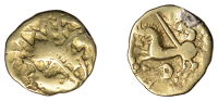 British Iron Age, GALLO-BELGIC, Nervii, gold Quarter-Stater, Crossed Lines with Rider type, criss-cross chisel...