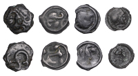 Continental Iron Age, GAUL, Aedui, cast Potins (4), helmeted head right, rev. celticised hippocamp in the form of a...