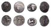 Continental Iron Age, GAUL, Lingones (or Aedui), silver Quinarii (4), Kaletedoy class III, helmeted head of Roma...