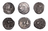 Continental Iron Age, GAUL, Lingones (or Aedui), silver Quinarii (3), Lyre type, celticised head right, curls for...