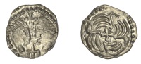 Early Anglo-Saxon Period, Sceatta, Secondary series J [York], type 37, two heads vis-à-vis, cross and ‘trident’...