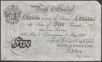 Bank of England, Frank May, £5, Birmingham, 5 May 1892, serial number P/99 82535, small ink date in low left...