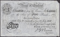 Bank of England, John G. Nairne, £5 Newcastle on Tyne, 21 July 1916, serial number 87/T 64398, pressed, but an...