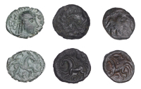 Continental Iron Age, GAUL, Ambiani, bronze Units (3), class I var. 2, bust right, hair in ringlets and tied with...