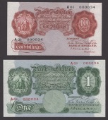 Bank of England, Cyril P. Mahon, Parchment Pair, 10 Shillings and £1, 22 November 1928, both serial number A01...