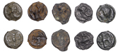 Continental Iron Age, GAUL, Leuci, cast Potins (5), helmeted head left, flower-like motif emerging from mouth, rev....