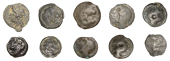 Continental Iron Age, GAUL, Turones, cast Potins (10), stylised head left, rev. bull charging left (DT 3508-09; LT...