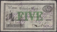 Beverley Bank, for Pease & Sons, £5, 17 January 1893, serial number J2706, signed by Francis R. Pease, signature...