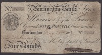 Burlington Bank, for Harding, Smith & Stansfeld, £5, 20 May 1834, serial number 3018, spindle hole at centre,...