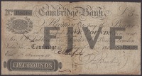 Cambridge Bank, for Field Dunn Barker, £5, 20 December 1838, serial number B8648, F.D. Barker signature, split and...