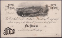 The Carlisle City & District Banking Company, black-and-white proof on card for £5, 18-, printed by W.H.Lizars,...