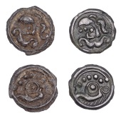 Continental Iron Age, NORTHEAST GAUL, Suessiones, cast Potins (2), stylised head right, hair in thick S-shape above,...