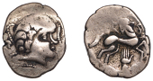 Continental Iron Age, CENTRAL GAUL, Pictones, electrum Stater, c. 100-50 BC, celticised head right, large locks of...