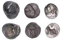 Continental Iron Age, GAUL, Aedui, silver Quinarii (3), celticised and helmeted head of Roma left, rev. horse...