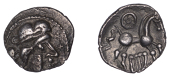 British Iron Age, REGNI, Uninscribed issues, silver Unit, Sussex Lyre type, diademed head right, large curls for...