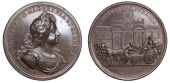 George I, Arrival in England, 1714, a copper medal by J. Croker, laureate, armoured and draped bust right, rev....