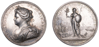 Peace of Utrecht, 1713, a silver medal by J. Croker, laureate and draped bust of Anne left, rev. Britannia standing,...
