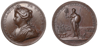 Peace of Utrecht, 1713, a copper medal by J. Croker, laureate and draped bust of Anne left, rev. Britannia standing,...