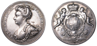 Union of England and Scotland, 1707, a silver medal by J. Croker and S. Bull, bust of Anne left, rev. arms of...