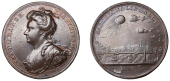 Barcelona Relieved, 1706, a copper medal by J. Croker, bust of Anne left, rev. sun eclipsed, city and harbour below,...