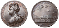 Barcelona Relieved, 1706, a copper medal by J. Croker, bust of Anne left, rev. sun eclipsed, city and harbour below,...