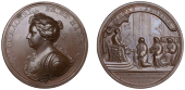 Queen Anne’s Bounty, 1704, a copper medal by J. Croker, laureate and draped bust left, rev. Queen presenting...