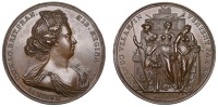 Tribute to Queen Mary, 1695, a copper medal by J. Luder, diademed bust right with pearls in hair, rev. figures of...