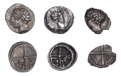 Continental Iron Age, GAUL, Massalia, Obols (2), stylised head left, hair in tight curls, rev. large cross, m and a...