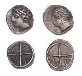 Continental Iron Age, GAUL, Massalia, Obols (2), stylised head left, hair in tight curls, rev. large cross, m and a...