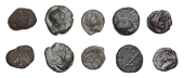 Continental Iron Age, GAUL, Massalia, bronze Units (5), helmeted head of Minerva right, ma[ga] before, rev. eagle...