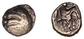 Continental Iron Age, GAUL, Remi, gold Quarter-Stater, parallel rounded lines terminating in globules, rev. horse...
