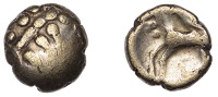 Continental Iron Age, GAUL, Carnutes, gold Quarter-Stater, stylised laureate head facing right, rev. horse bounding...