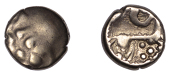 Continental Iron Age, GAUL, Remi, gold Quarter-Stater, parallel rounded lines terminating in globules, rev. horse...
