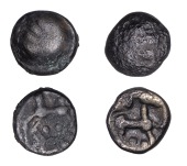 Continental Iron Age, GAUL, Remi, gold Quarter-Staters (2), parallel rounded lines terminating in globules, rev....