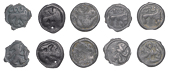 Continental Iron Age, GAUL, Remi, cast Potins (5), figure running right, holding torc and spear, rev. uncertain...