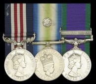 The important Falklands War ‘Battle of Goose Green’ M.M. group of three awarded to Corporal B. J. ‘Baz’...
