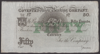 Coventry Union Banking Company, specimen £50, ND (1836-89), no serial number or signatures, perforated CANCELLED,...