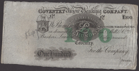 Coventry Union Banking Company, specimen £100, ND (1836-89), no serial number or signatures, perforated CANCELLED,...