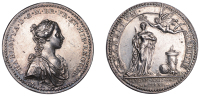 Queen Charlotte, Coronation, 1761, a silver medal by L. Natter, draped bust right, rev. Fame crowning standing...