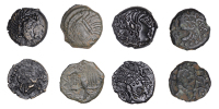 Continental Iron Age, GAUL, Carnutes, bronze Units (4), stylised head right, triangular eye and thick locks of hair,...