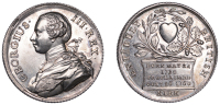 George III, Accession, 1760, a silver medal by J. Kirk, laureate bust left, rev. heart in centre of wreath of oak...