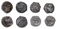 Continental Iron Age, GAUL, Carnutes, bronze Units (4), helmeted head left, locks of hair falling down cheek, rev....