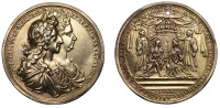 William and Mary, Coronation, 1689, a cast silver-gilt medal by G. Bower, conjoined busts right, rev. monarchs...